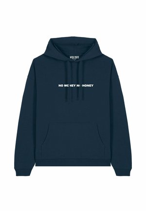 Navy blauwe hoodie van zacht materiaal met een voorzak, een trekkoordkap en witte opdruk "NO MONEY NO HONEY" op de borst.