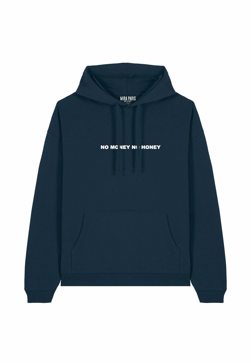 Felpa blu navy realizzata in tessuto morbido, dotata di tasca frontale, cappuccio con cordino e testo stampato in bianco "NO MONEY NO HONEY" sul petto.