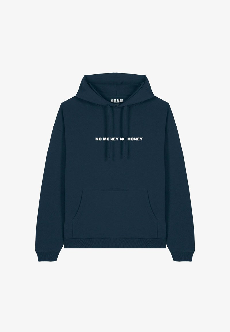 Navy blauwe hoodie van zacht materiaal met een voorzak, een trekkoordkap en witte opdruk "NO MONEY NO HONEY" op de borst.