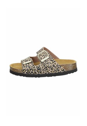 Leopard print slider sandals with two adjustable straps and a cork footbed. Black outsole with textured grip, soft brown lining.
