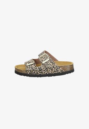 Leopard print slider sandals with two adjustable straps and a cork footbed. Black outsole with textured grip, soft brown lining.