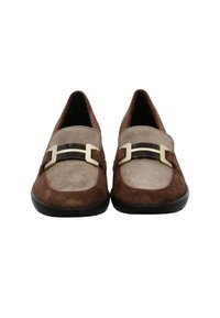 Pair of brown and beige suede loafers with black and gold decorative buckles on black soles, viewed from the front.