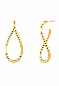 Pendientes de metal dorado con diseño de lágrima e infinito, acabado suave y formas curvadas. Livianos con una textura pulida.