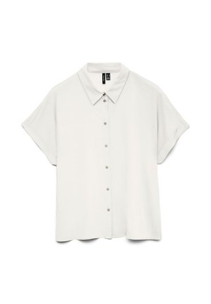 Wit overhemd met korte mouwen, knoopsluiting en kraag, plat uitgestald op een witte achtergrond.