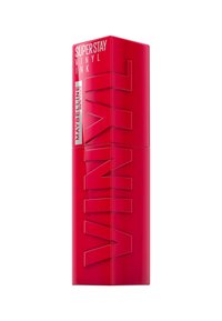 Maybelline Superstay Vinyl Ink dans un contenant rose vif, brillant et audacieux, avec des lettres en relief "VINYL" et un design rectangulaire élégant.