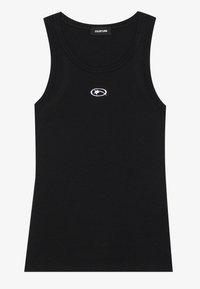 Black ribbed tank top with a rounded neckline and sleeveless design. Features a white embroidered logo on the chest.