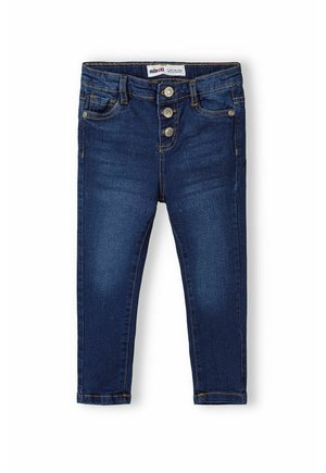 Jean en denim bleu foncé à coupe slim, avec une taille haute et trois boutons métalliques. Comprend des poches avant et des détails de couture.