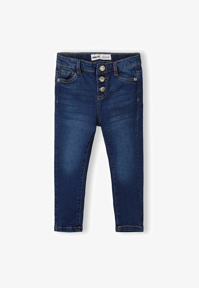 Tamsiai mėlyni džinsai su siauru siluetu, turintys aukštą juosmenį ir tris metalinius mygtukus. Įskaičiuoti priekiniai kišenės ir siuvimo detalės.