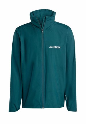 Teal lightweight jacket with high collar, full front zipper, and TERREX logo. Smooth texture, long sleeves, and adjustable hem for fit.
