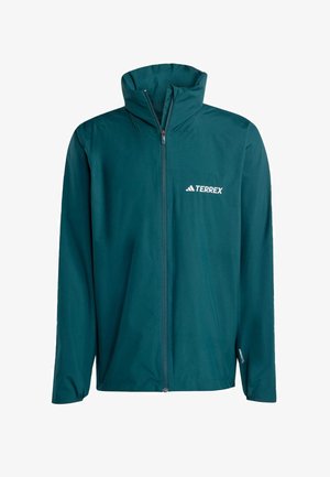Teal lightweight jacket with high collar, full front zipper, and TERREX logo. Smooth texture, long sleeves, and adjustable hem for fit.