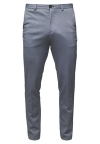 Pánské slim-fit šedé společenské kalhoty s knoflíkovým zapínáním, poutky na opasek a předními kapsami, vystavené na bílém pozadí.