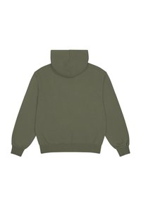Sudadera color verde oliva con una textura suave, mangas largas, capucha con cordones y puños y dobladillo acanalados. Diseño simple y sin adornos.