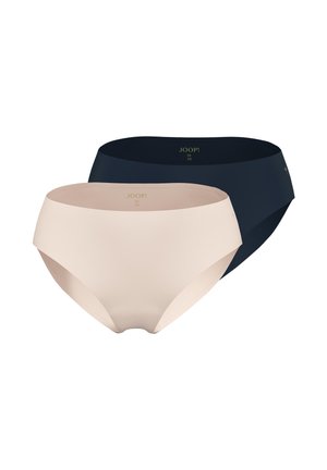 Two seamless women's briefs in navy blue and beige, size medium, displayed on a white background.