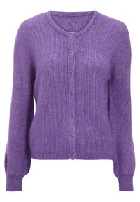 Fialový svetr vyrobený z texturovaného pleteného materiálu, s kulatým výstřihem, dlouhými rukávy a knoflíkovým zapínáním se zlatými akcenty.