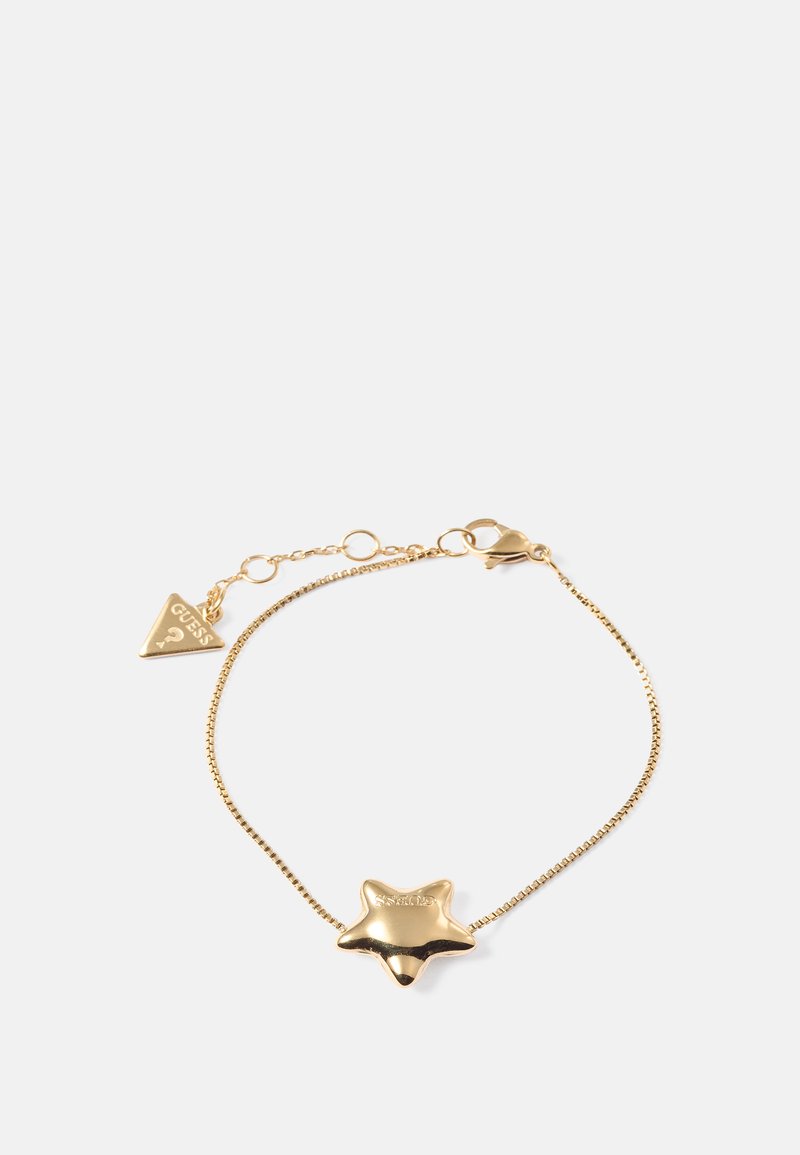 Goldarmband mit einem sternförmigen Mittelstück und einem kleinen dreieckigen Anhänger. Die Kette ist zart und hat einen Verschluss.