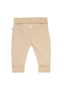 Beige katoenen babybroekjes met een zachte tailleband, opgeknipte enkels en een subtiele ontwerp van een achterzak. Gladde textuur en eenvoudige stiksels.