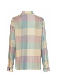 Long-sleeve shirt featuring a pastel check pattern in colors of blue, pink, green, and yellow. Made from smooth, lightweight fabric.