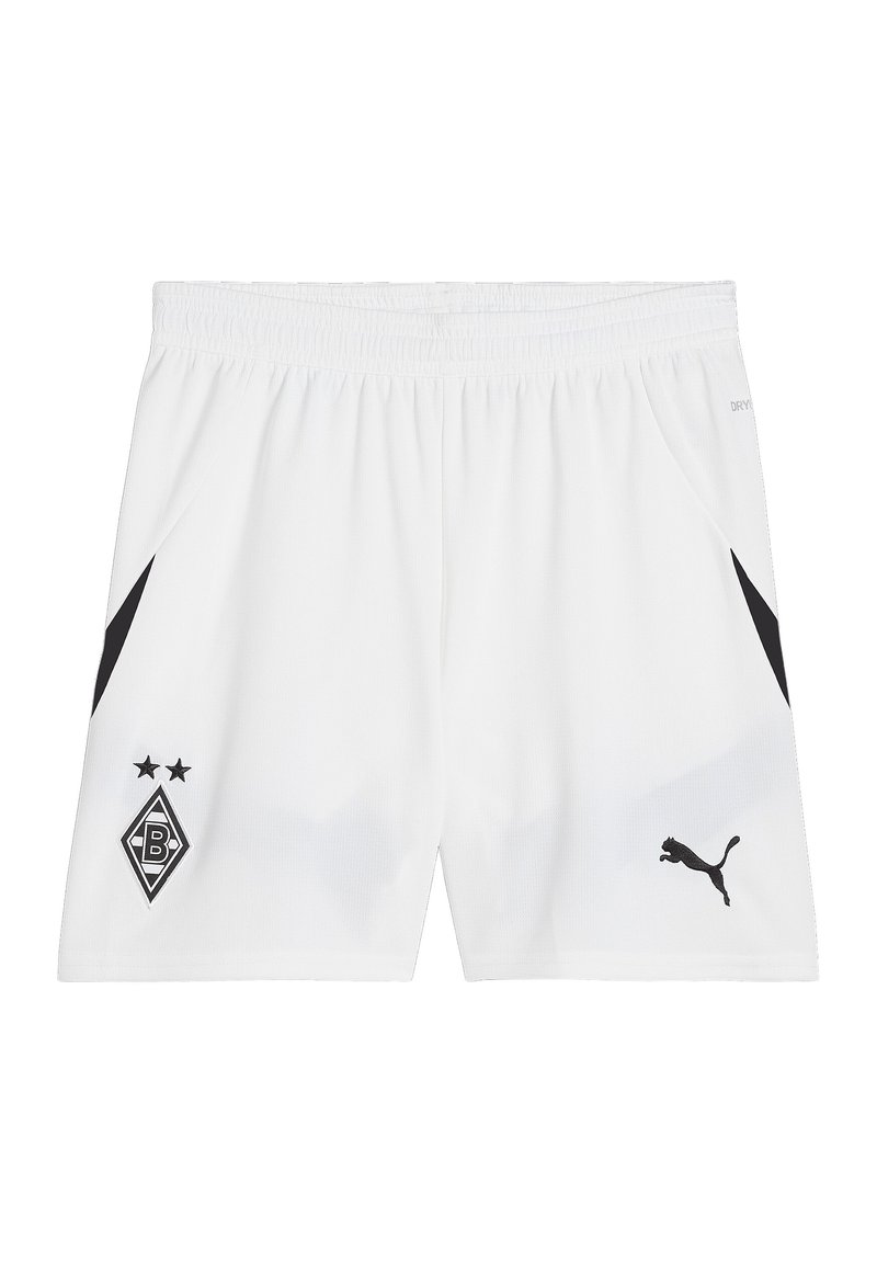 Weiße Sportkurze mit schwarzen Akzenten und Logo. Mit elastischem Bund und zwei Seitentaschen. Hergestellt aus leichtem, atmungsaktivem Material.