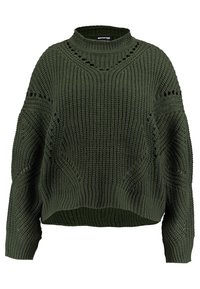 Pull en tricot vert foncé avec un col montant, une coupe ample et des motifs ajourés. Tissu texturé avec coutures tombantes aux épaules et bord côtelé.