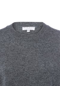 Grauer Kaschmirpullover mit Rippstruktur, Rundhalsausschnitt und Etikett mit der Aufschrift 'Marie Lund, Kopenhagen, reines Kaschmir, XS.'