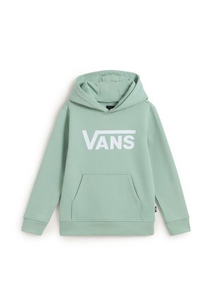 Světlé zelené mikina Vans s přední kapsou a bílým logem Vans umístěným na hrudi, vystavená na bílé pozadí.