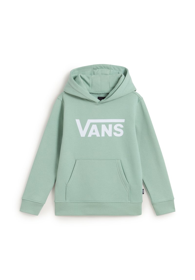 Felpa Vans verde chiaro con tasca frontale e logo Vans bianco centrato sul petto, presentata su sfondo bianco.