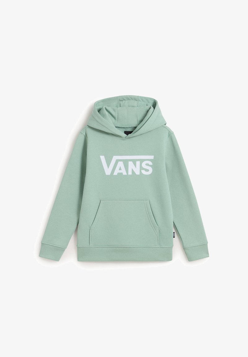 Felpa Vans verde chiaro con tasca frontale e logo Vans bianco centrato sul petto, presentata su sfondo bianco.