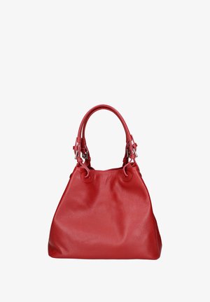 Rote Lederhandtasche mit strukturiertem Finish, ausgestattet mit zwei runden Griffen und metallischen Hardware-Elementen. Offenes Oberdesign mit gerafften Seiten.