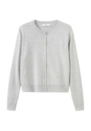 Cardigan grigio chiaro realizzato in materiale morbido, con scollo rotondo, maniche lunghe e chiusura frontale con bottoni distribuiti uniformemente.