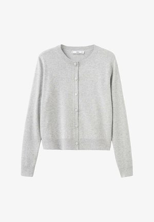 Hellgraue Strickjacke aus weichem Material, mit Rundhalsausschnitt, langen Ärmeln und durchgehender Knopfleiste mit gleichmäßig verteilten Knöpfen.