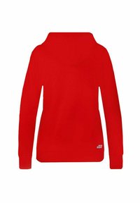 Rote Kapuzenjacke mit Kordelzug, langen Ärmeln und gerippten Bündchen. Glattes Material mit einem Logo auf der unteren Seite. Rückansicht sichtbar.