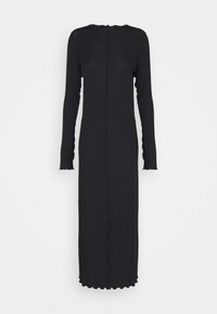 Robe midi noire à manches longues avec bords festonnés et détails visibles de la couture centrale, présentée sur un fond blanc uni.