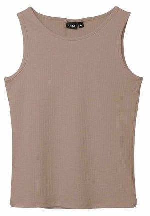 Beige ribbet ærmeløs tanktop med rund halsudskæring og et sort LMTD-mærke inde i kraven.
