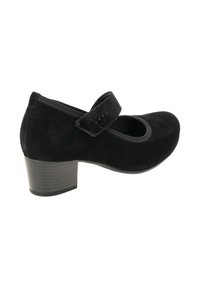 Chaussure Mary Jane en daim noir avec un petit talon épais et une sangle Velcro ajustable sur le coup de pied, vue de côté sur fond blanc.