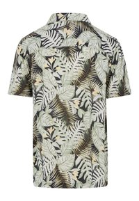 Camicia a maniche corte con uno sfondo scuro e un fitto motivo di foglie verdi e fiori bianchi, realizzata in tessuto leggero.