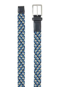 Vævet elastisk bælte i blå, crème og marineblå, med et spænde og spids i læder. Strukturen har et tekstureret herringbone-mønster gennem hele remmen.