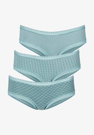 Three pairs of light blue women's briefs in cotton. One solid, one with small dots, and one with a diamond pattern. Lace trim accents.