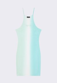 Vestido midi de color azul claro con degradado que va de menta a blanco. Presenta tirantes finos y una forma ajustada, confeccionado en una suave tela elástica.