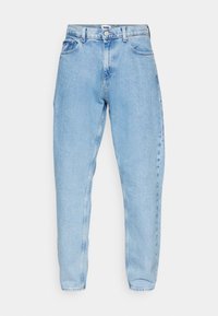 Vaaleansiniset, korkeavyötäröiset farkut, joissa suorat lahkeet, edessä nappi- ja vetoketjusuljenta sekä edessä ja takana taskut.