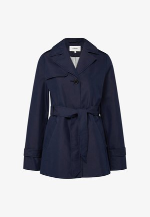 Marineblauer Damen-Trenchcoat mit weitem Revers, Einzelknopfverschluss, Taillengürtel, gepolsterten Manschetten und Seitentaschen, gestreiftes Innenfutter.