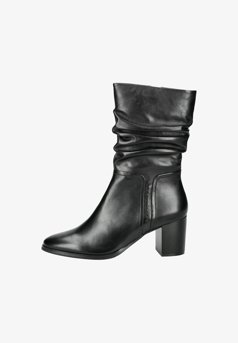 Black leather ankle boot with a slouchy top, pointed toe, and a block heel. Features smooth texture and stitched detailing on the side.