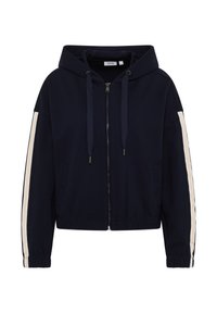 Hoddie zippé bleu marine en tissu doux, avec une capuche à cordon de serrage, des rayures crème sur les manches et des poignets et un ourlet côtelés.