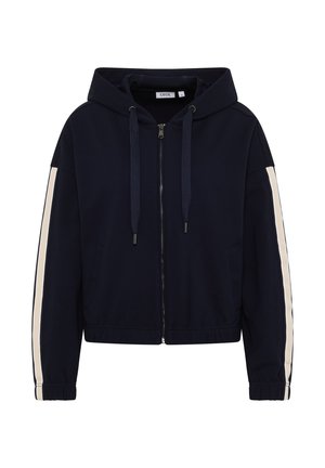 Hoddie zippé bleu marine en tissu doux, avec une capuche à cordon de serrage, des rayures crème sur les manches et des poignets et un ourlet côtelés.