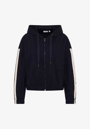 Sudadera con cremallera de color azul marino, hecha de un tejido suave, con capucha ajustable, rayas crema en las mangas y puños y dobladillo acanalados.