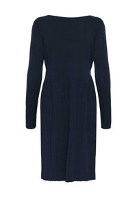 Robe tricotée à manches longues bleu marine avec une section de jupe côtelée et une coupe droite et modeste atteignant au-dessus du genou.