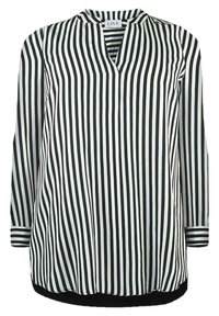 Blusa a righe bianco e nero con maniche lunghe, scollatura a forma di V e orlo curvo. Presenta polsini a righe a contrasto e un tessuto leggero.