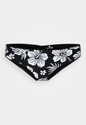 Fekete bikini alsó, fehér virágmintával, rugalmas anyagból, sima textúrával. Fekete derékpánt részlettel.