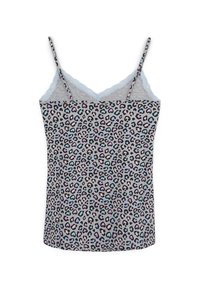 Top grigio senza maniche con spalline sottili, caratterizzato da un motivo leopardato in nero, rosa e blu, con un bordo in pizzo lungo il colletto.