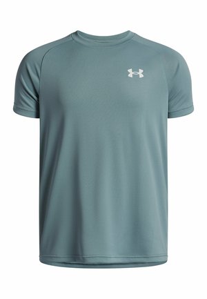 Light blue athletic t-shirt made from moisture-wicking fabric, featuring short sleeves and a round neckline. White logo on the chest.
