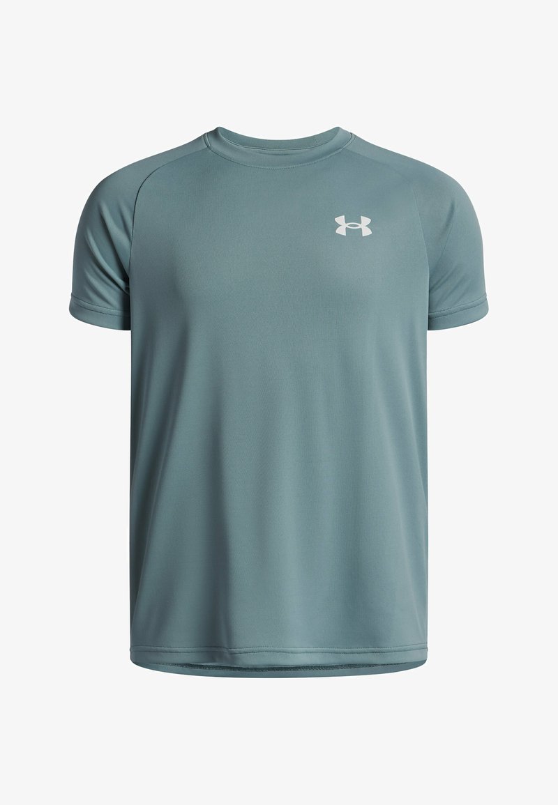 T-shirt de sport bleu clair en tissu évacuant l'humidité, avec des manches courtes et un col rond. Logo blanc sur la poitrine.